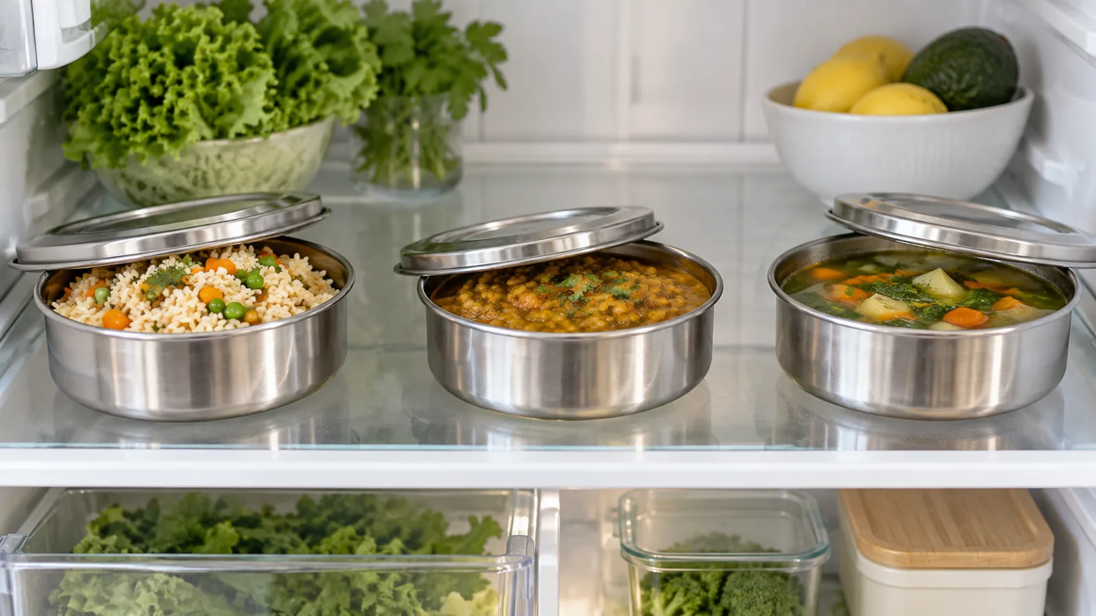 Small metal containers of rice, lentil curry and soup spaced apart on a refrigerator shelf.