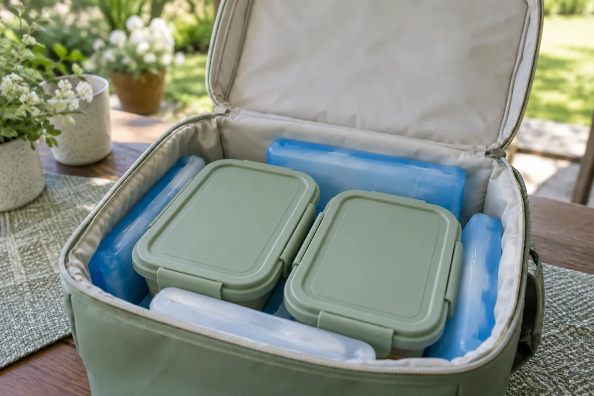 Two closed food containers surrounded by ice packs inside an insulated lunch cooler.