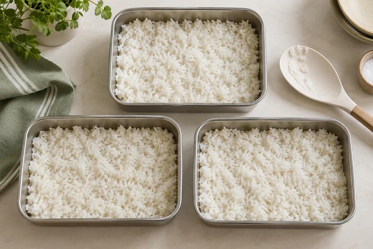Cooked white rice spread across three shallow rectangular metal containers.