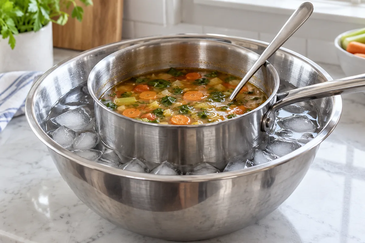A saucepan of vegetable soup sitting in a larger bowl of ice water, with a spoon in the soup.