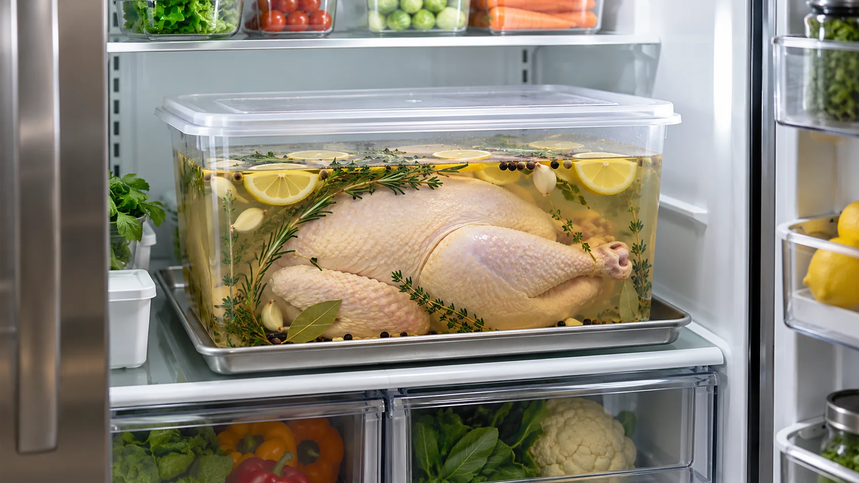 A whole turkey submerged in brine in a covered container on a tray inside a refrigerator