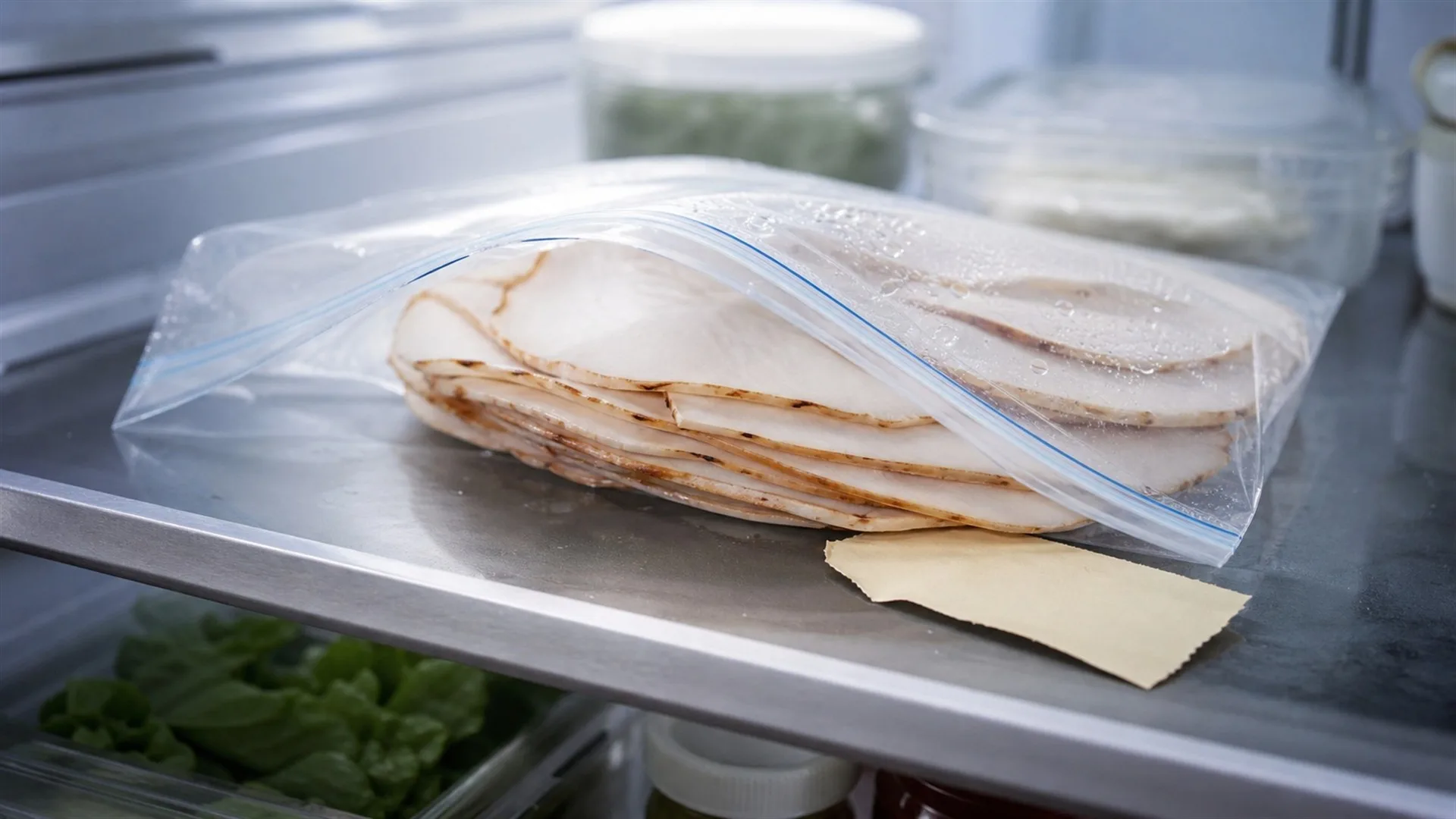 Opened packet of sliced turkey deli meat on a refrigerator shelf with a handwritten date label