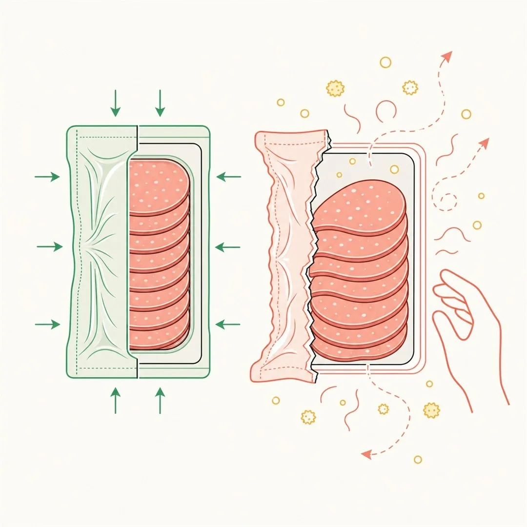 Diagram comparing a sealed vacuum-packed deli meat package to an opened package exposed to air and handling