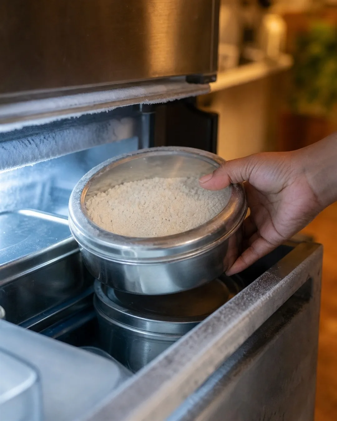 Hand placing a sealed steel dabba of atta into a home freezer as a pest-control step
