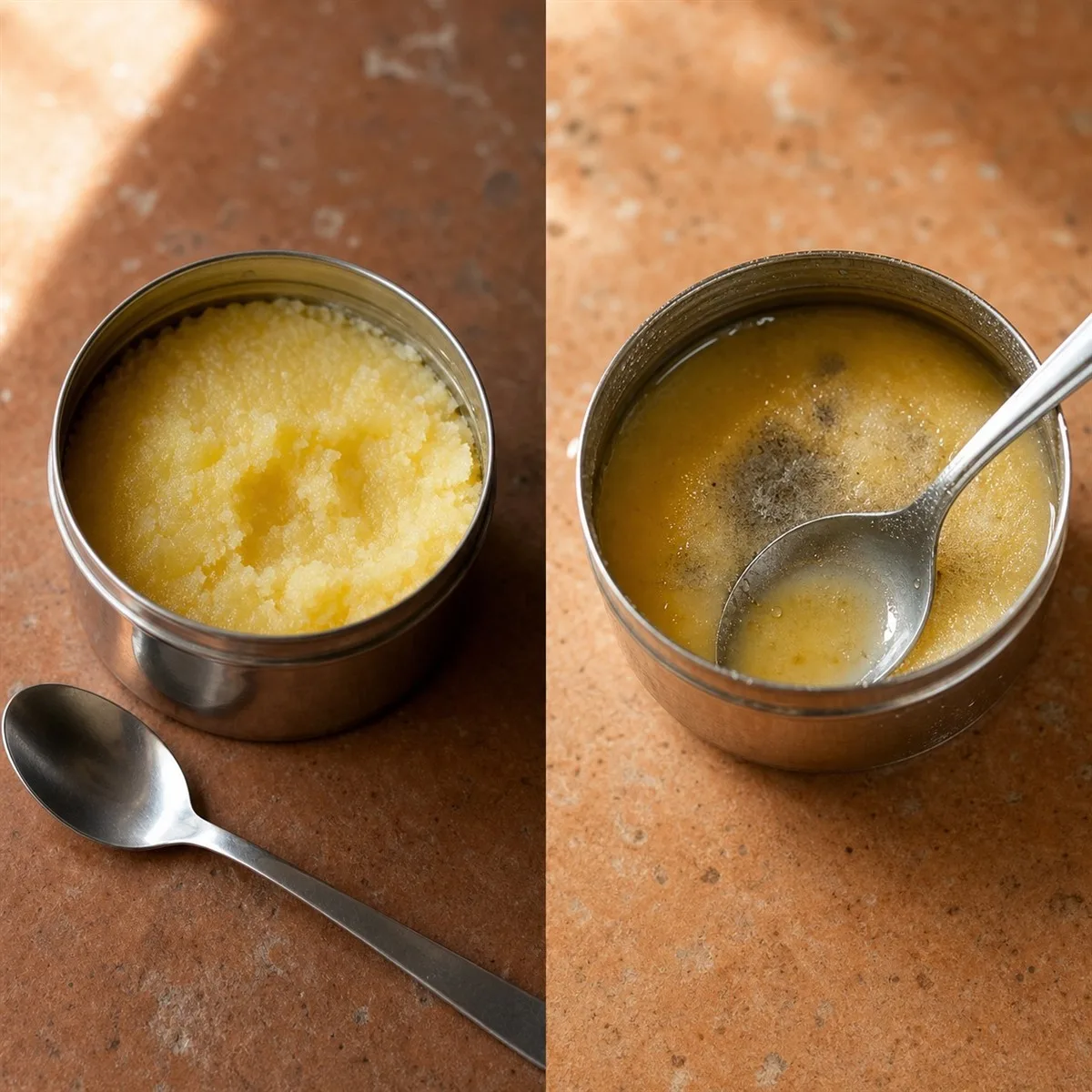 Open tin of ghee with a dry steel spoon beside a second jar showing spoiled ghee from a wet spoon