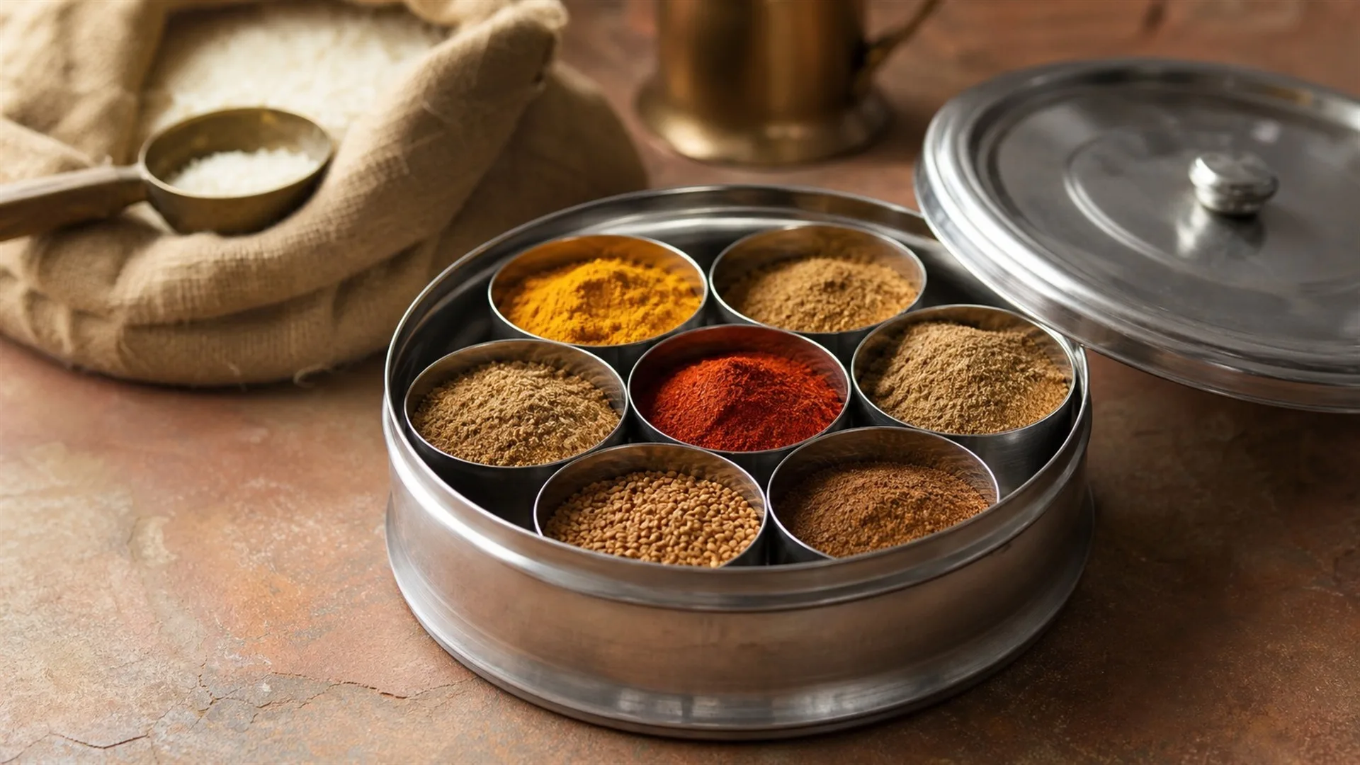 Steel masala dabba with seven ground spices, lid open on an Indian kitchen counter
