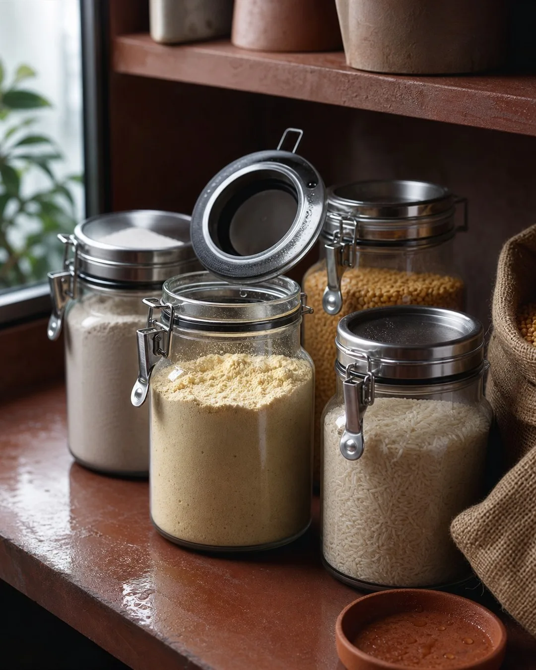 Airtight steel and glass dabbas of atta, besan, rice and dal on a monsoon-season pantry shelf