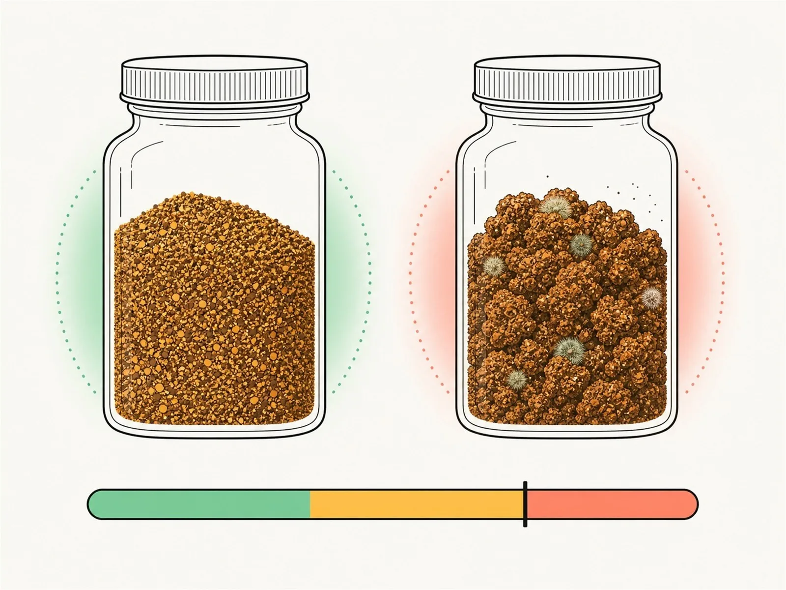 Infographic comparing a dry, safe spice jar to a damp, mould-risk jar on a water-activity gauge