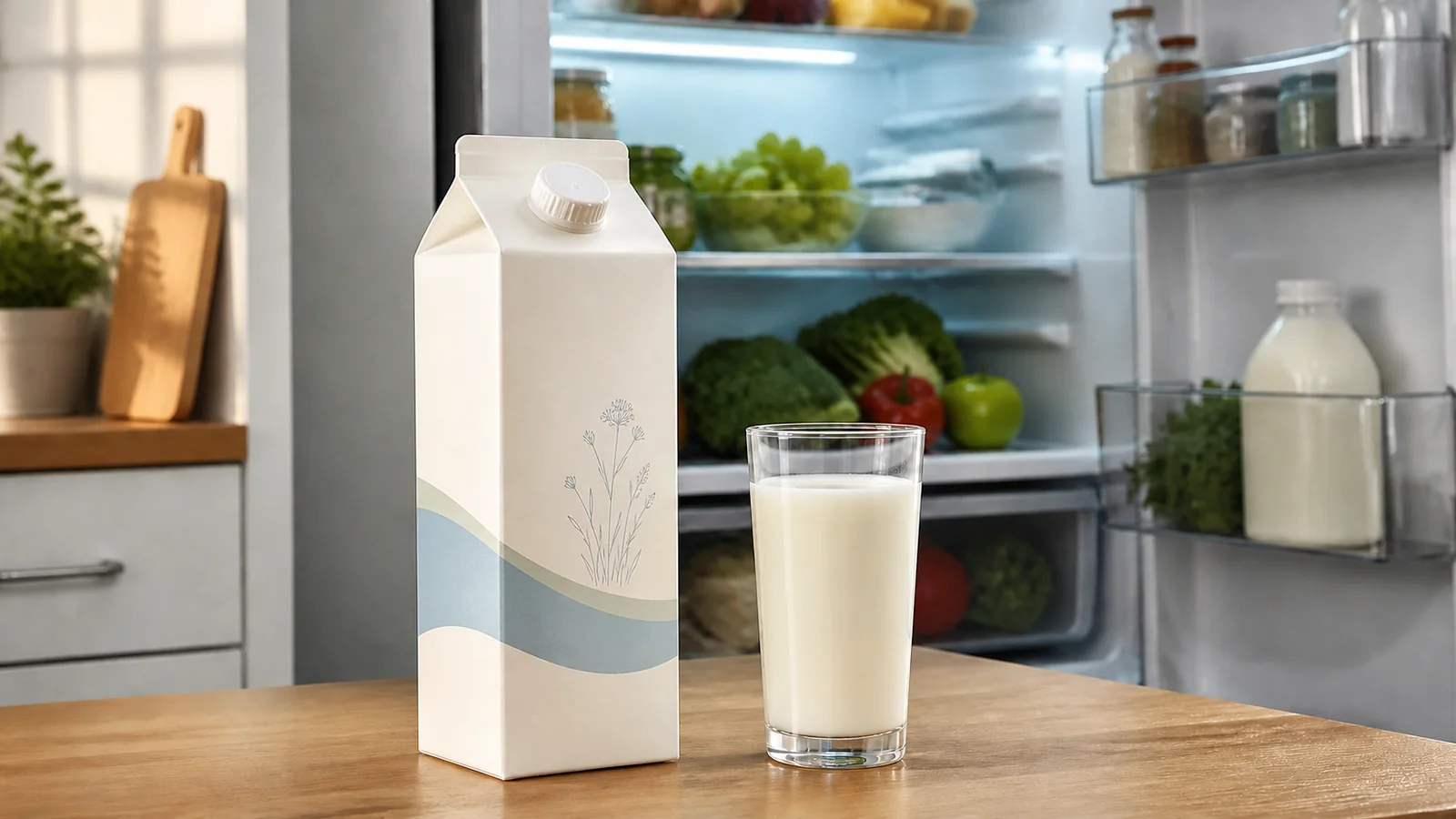 A plain milk carton and glass of milk in front of an open refrigerator