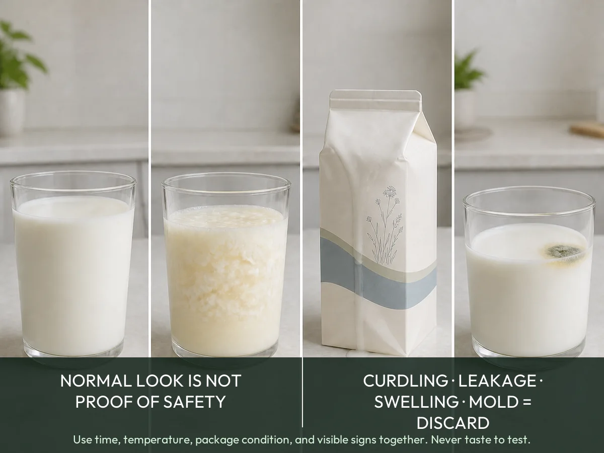 Comparison showing normal-looking milk, curdled milk, a swollen leaking carton, and visible mold