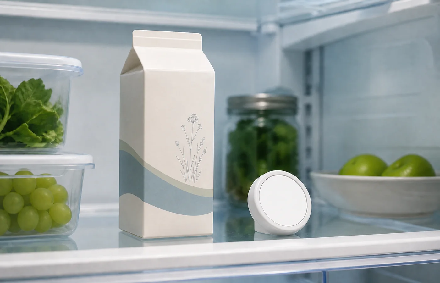 Plain milk carton stored on an interior refrigerator shelf beside a refrigerator thermometer