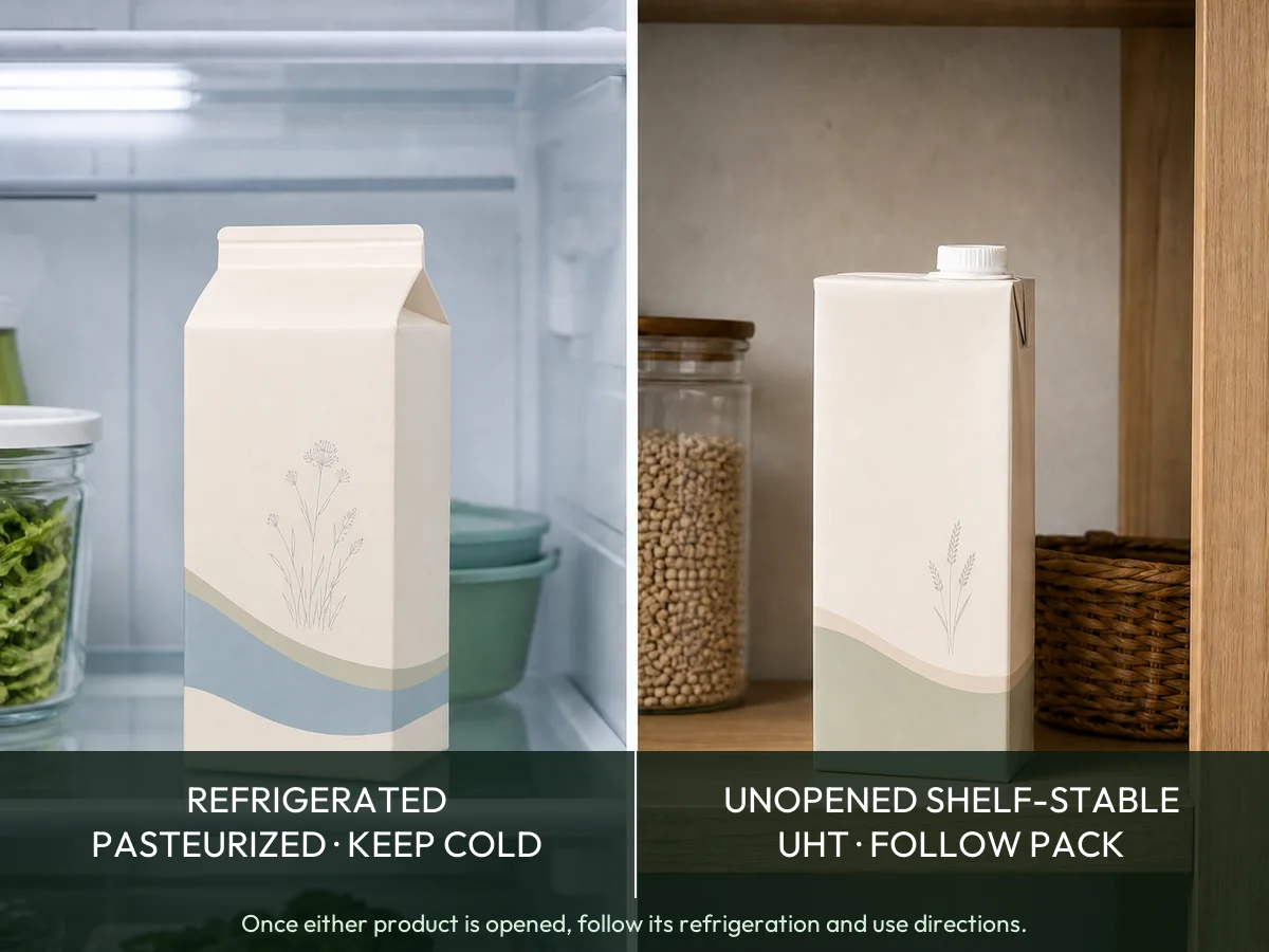 Side-by-side comparison of refrigerated pasteurized milk and unopened shelf-stable UHT milk