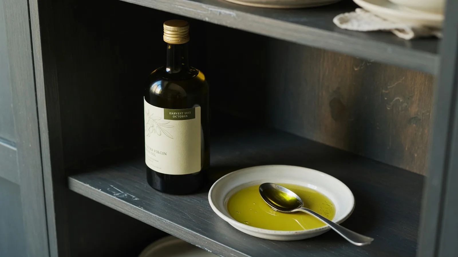 A dark glass bottle of extra virgin olive oil in a cool, dark cupboard away from the stove, with a harvest date visible on the label