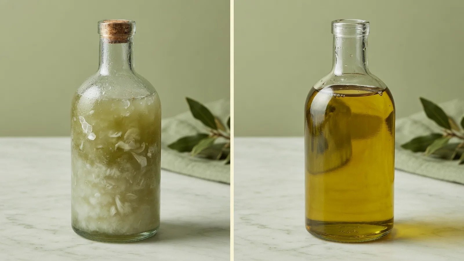Cloudy crystallised olive oil chilled in the fridge next to the same oil clear and golden again at room temperature