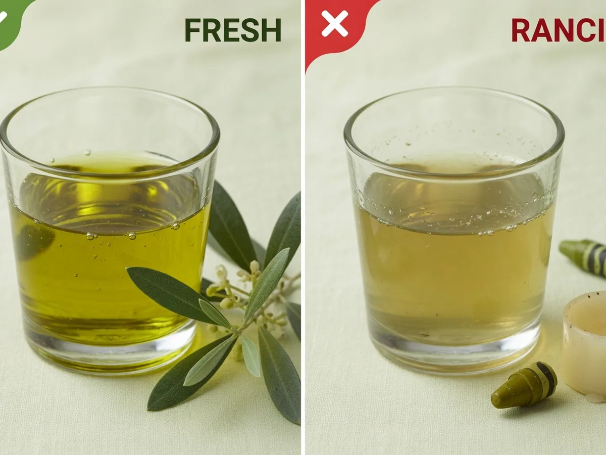 Side-by-side of fresh golden-green olive oil with olive leaves and duller rancid oil beside a crayon and candle to suggest the waxy smell