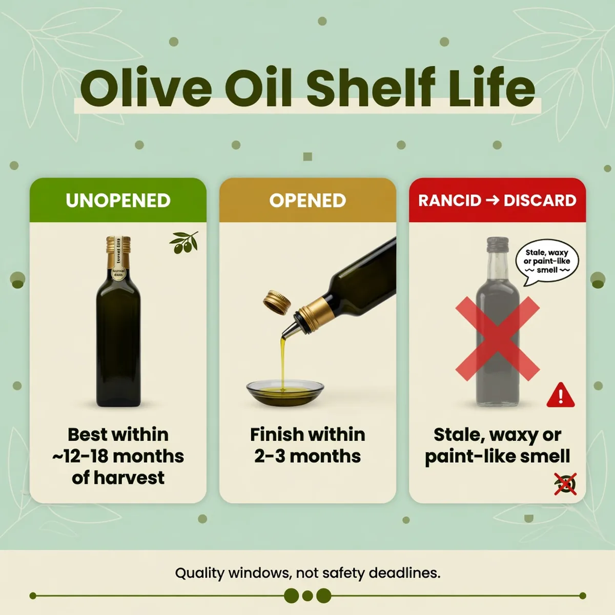 Infographic summarising olive oil shelf life: best within 12 to 18 months of harvest unopened, 2 to 3 months once opened, and discard when rancid