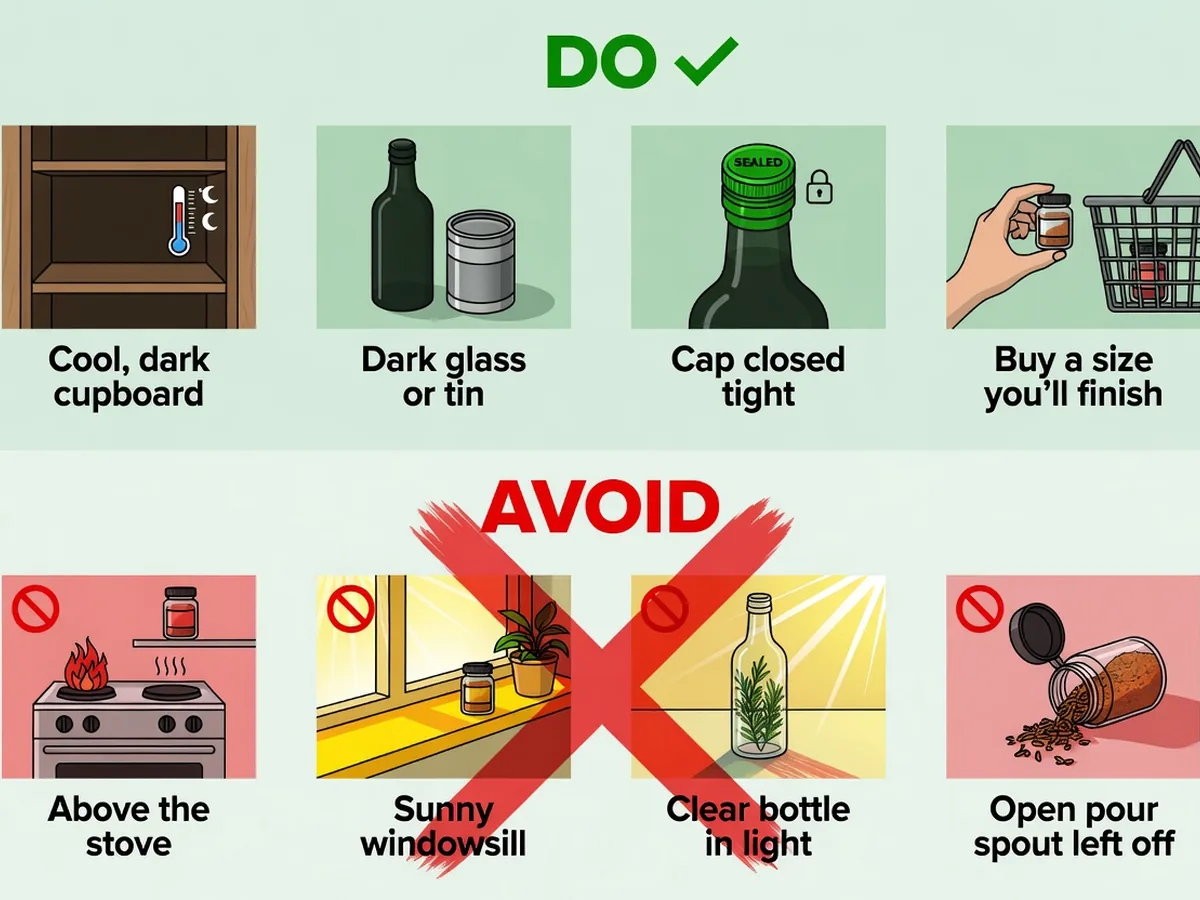 Infographic of good olive oil storage such as a cool dark cupboard and tight cap versus places to avoid like above the stove or a sunny windowsill
