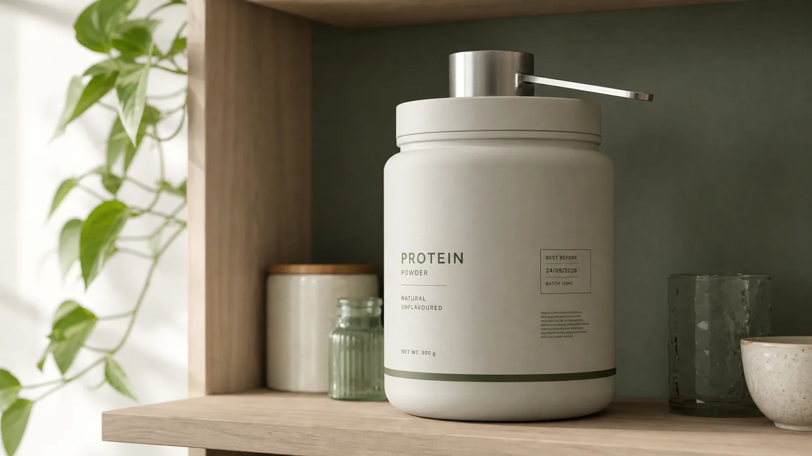 Tub of protein powder with a dry scoop resting on the lid and a visible best-before date, on a cool, dry pantry shelf