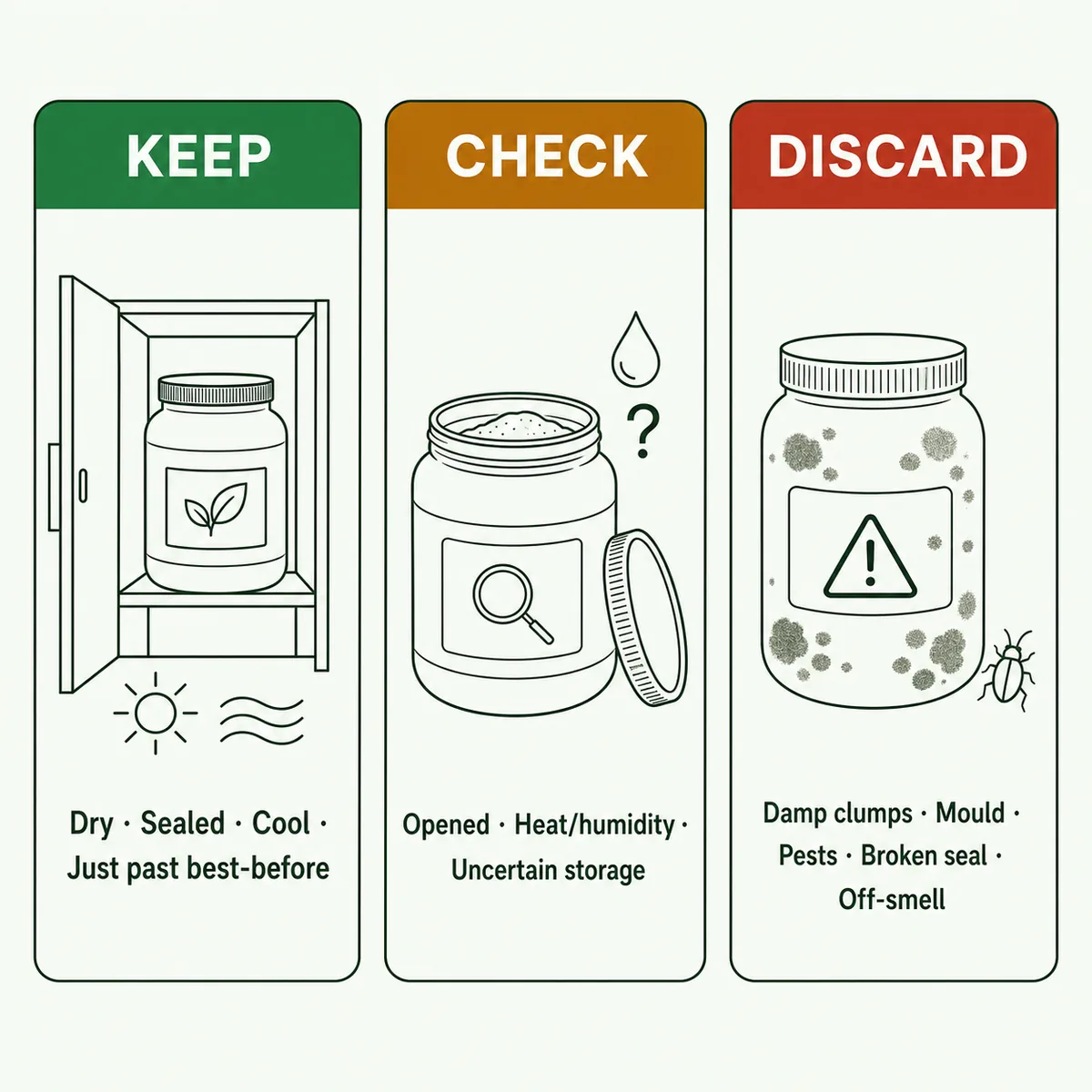 Decision infographic showing when to keep, check or discard protein powder based on packaging, storage and spoilage signs