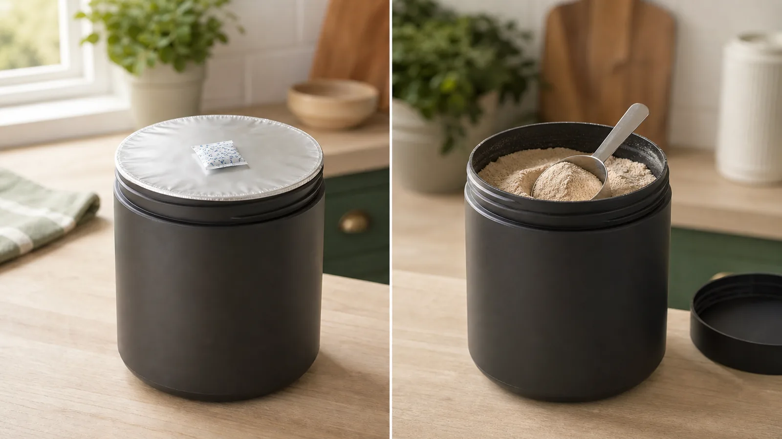 Side-by-side of a sealed unopened protein tub and an opened tub with a scoop, showing the difference in moisture and handling risk