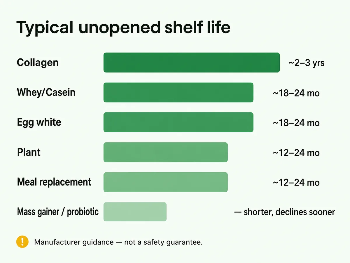 Comparison chart of typical shelf life and main risks for whey, casein, plant, collagen, mass gainer and probiotic protein powders