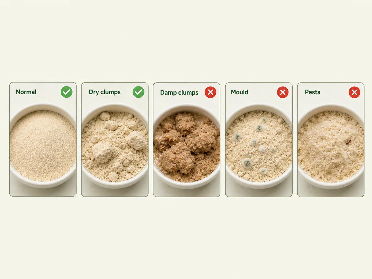 Comparison of normal protein powder, dry clumps, damp clumps, mould and pantry insects with keep or discard labels