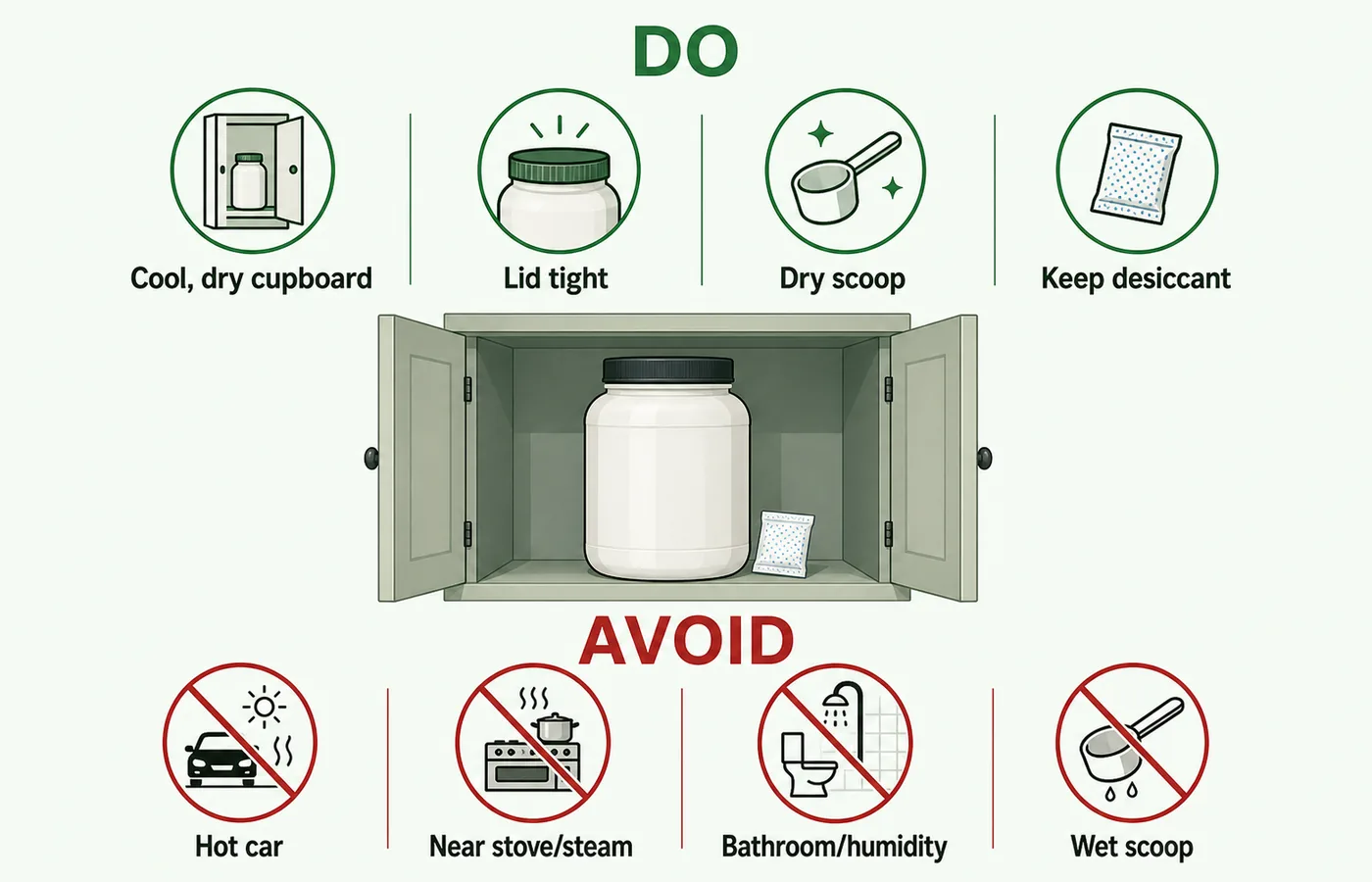 Infographic showing ideal cool, dry storage for protein powder and places to avoid such as a hot car, stove and bathroom