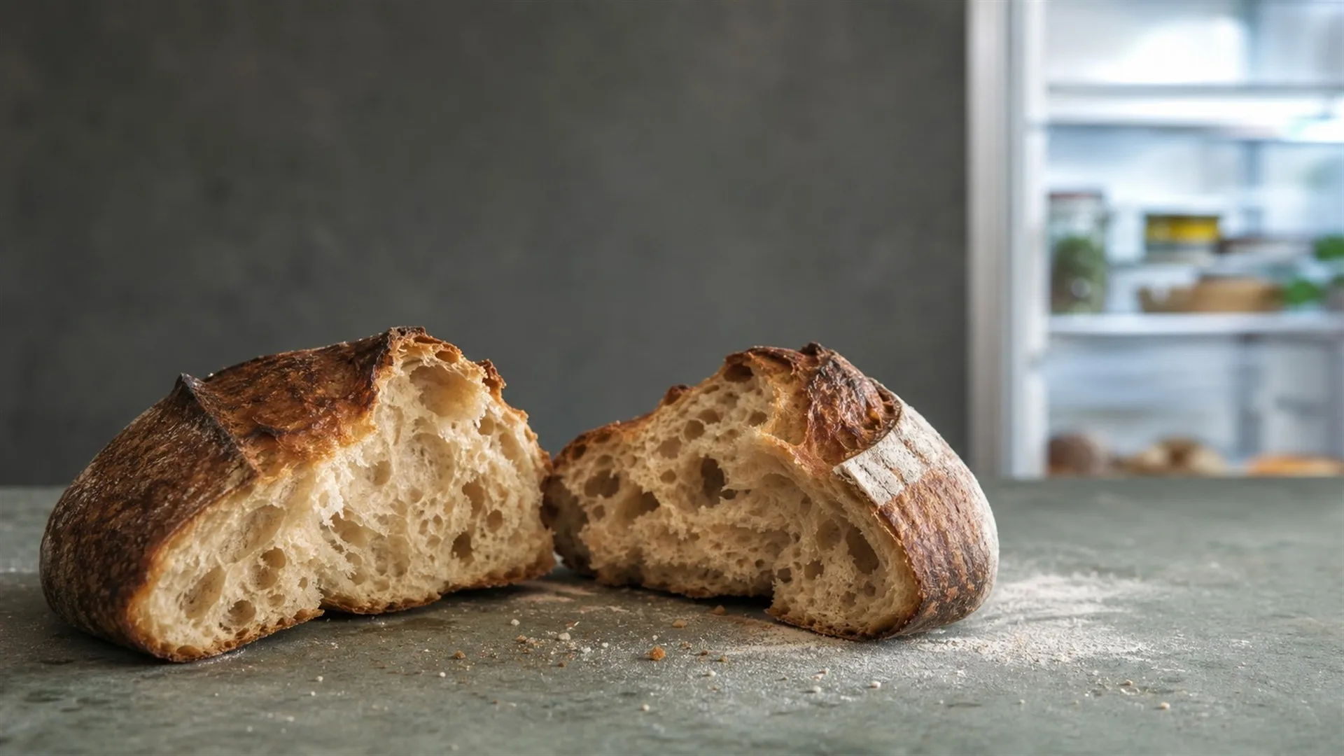 Loaf of crusty bread on a kitchen counter beside an open fridge, contrasting warm counter light and cool fridge glow