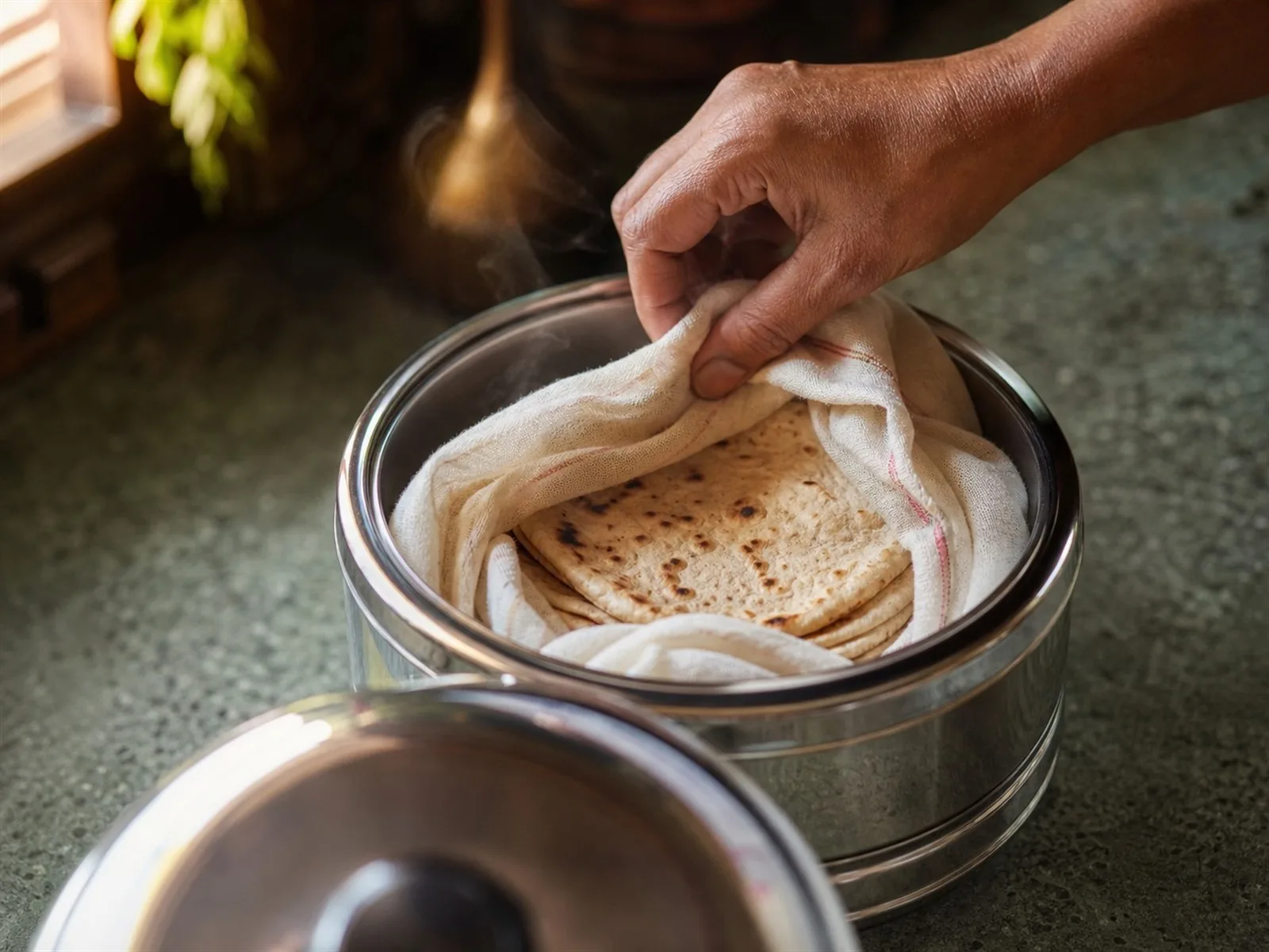 Roti wrapped in cloth inside an insulated hot box, a humid-climate bread storage method