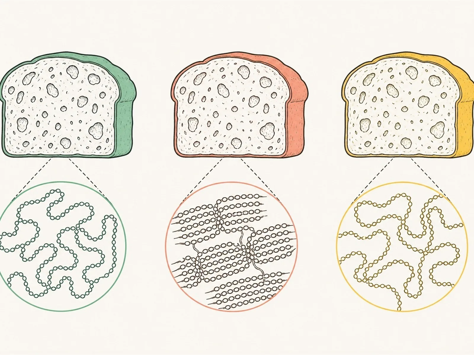 Diagram of starch retrogradation in bread crumb, fastest recrystallisation at 40&deg;F / 4&deg;C