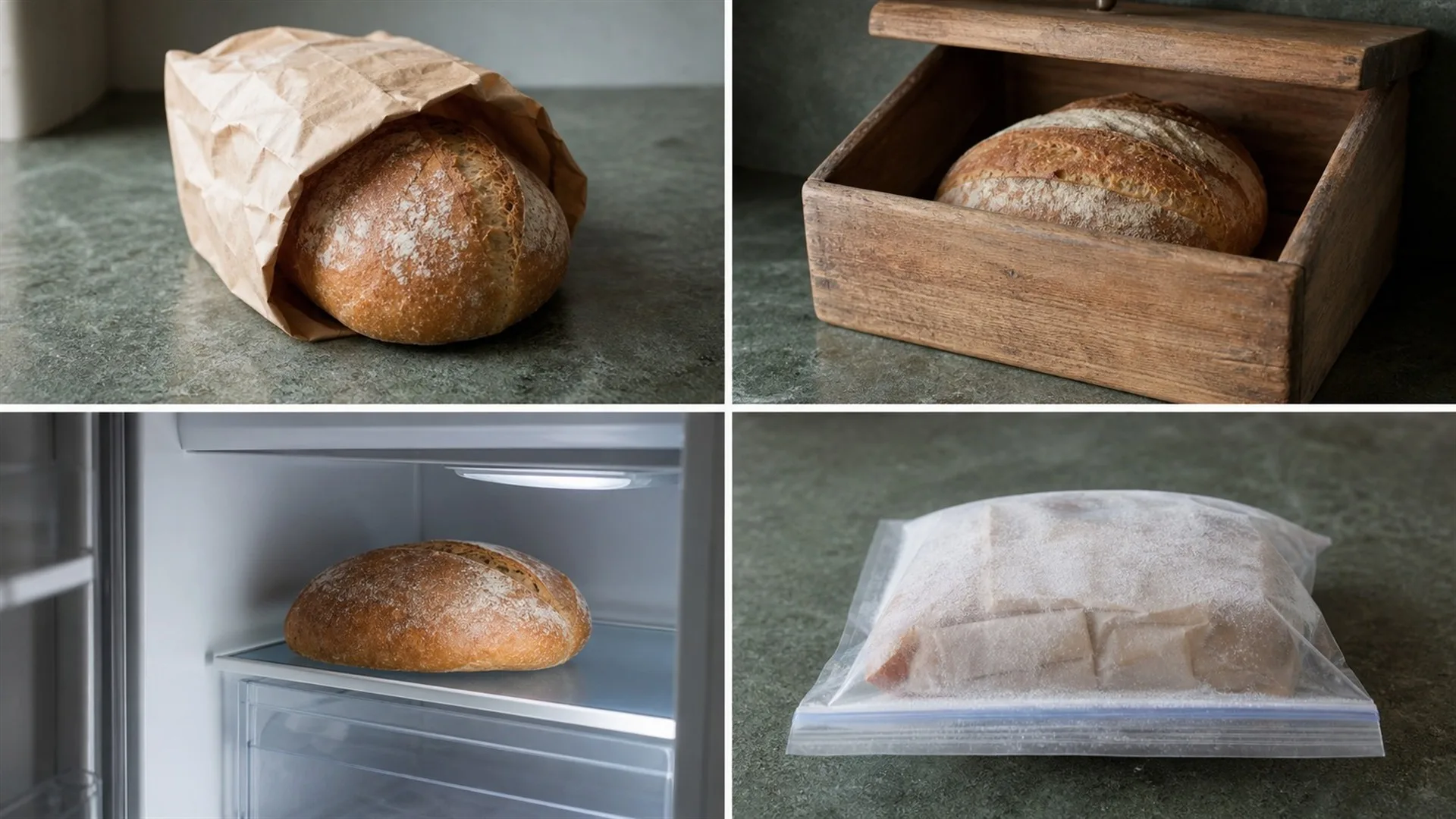 Four bread storage methods side by side &mdash; counter, bread box, fridge shelf and freezer bag