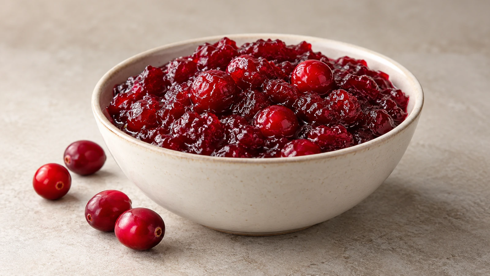 Homemade cranberry sauce with whole and burst berries in a white ceramic bowl.