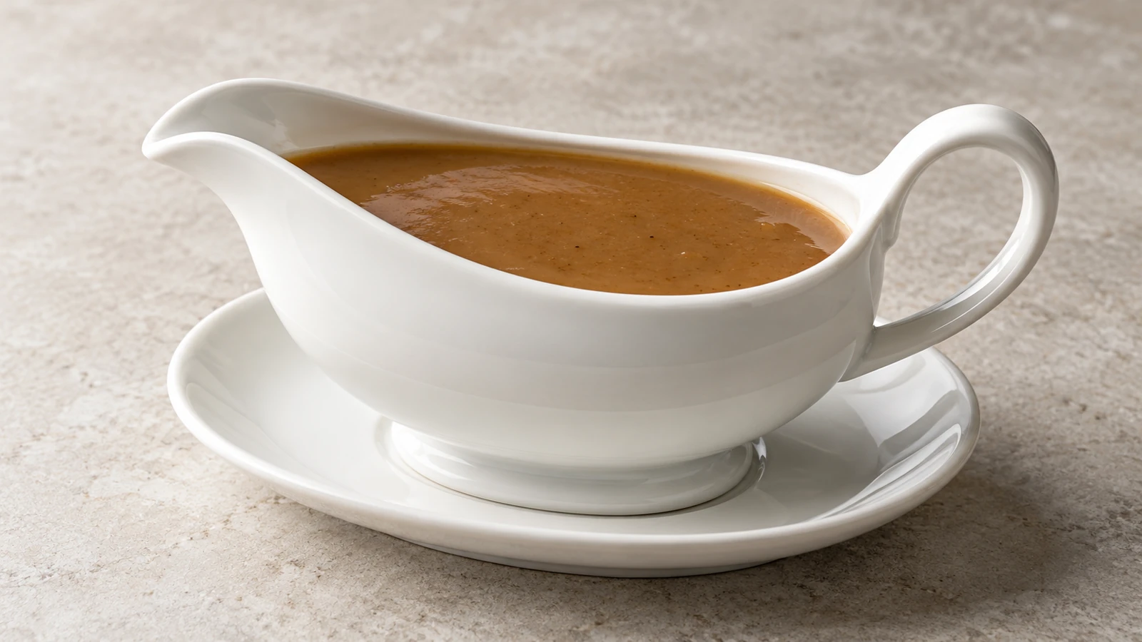 Brown homemade gravy in a white porcelain gravy boat and saucer.