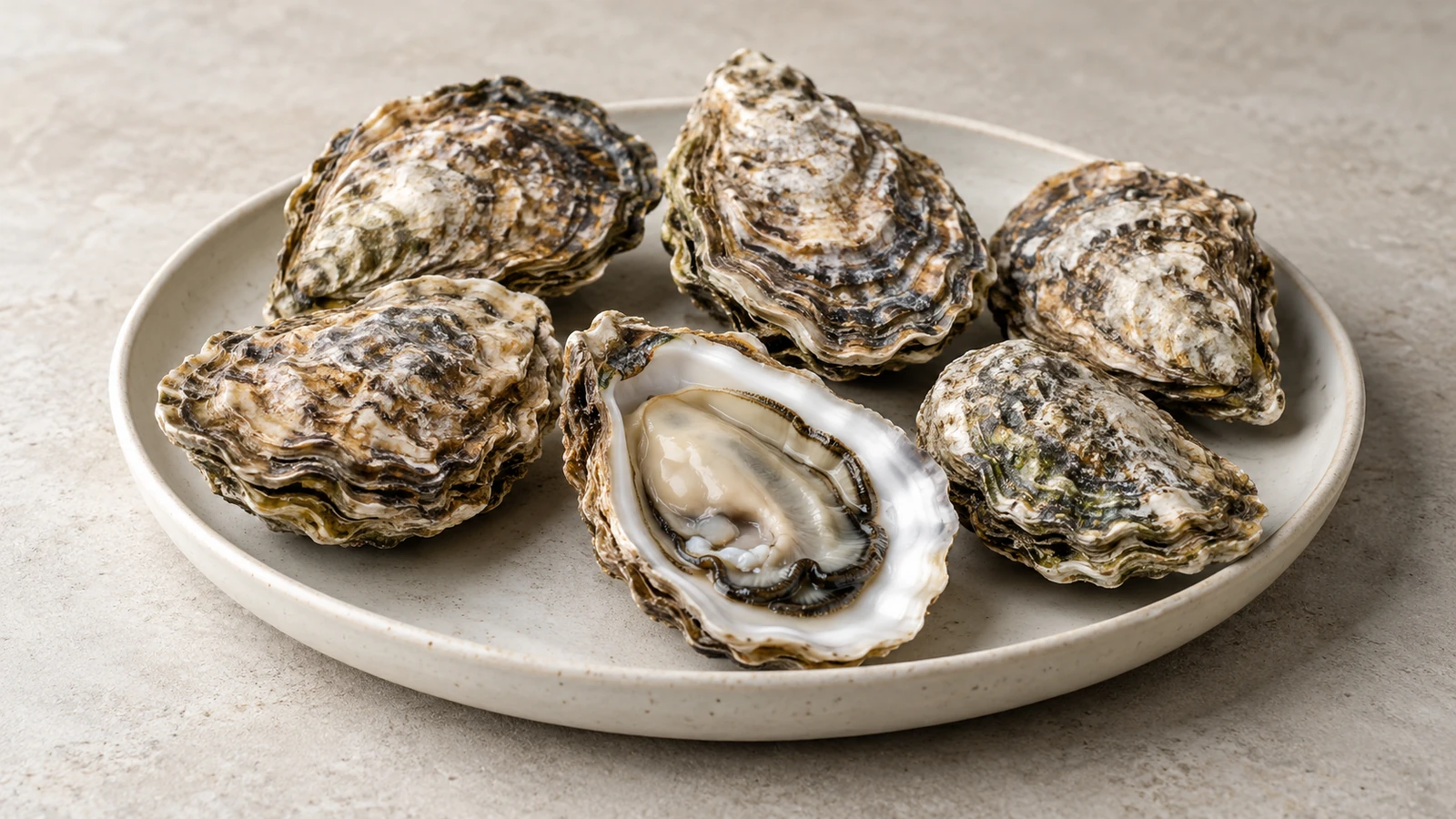 Closed oyster shells and one shucked oyster in its half-shell on a ceramic platter.