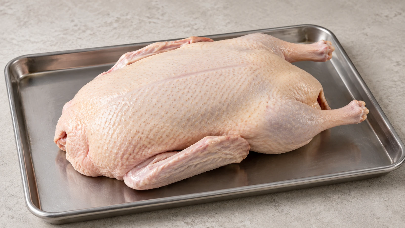 Raw whole duck with pale skin on a rimmed stainless steel tray.