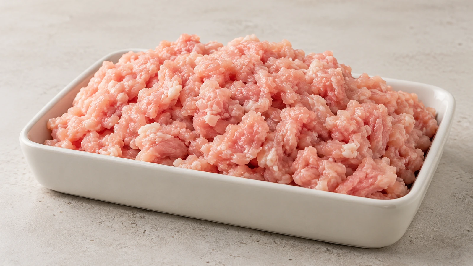 Pale pink raw ground turkey in a shallow white dish.
