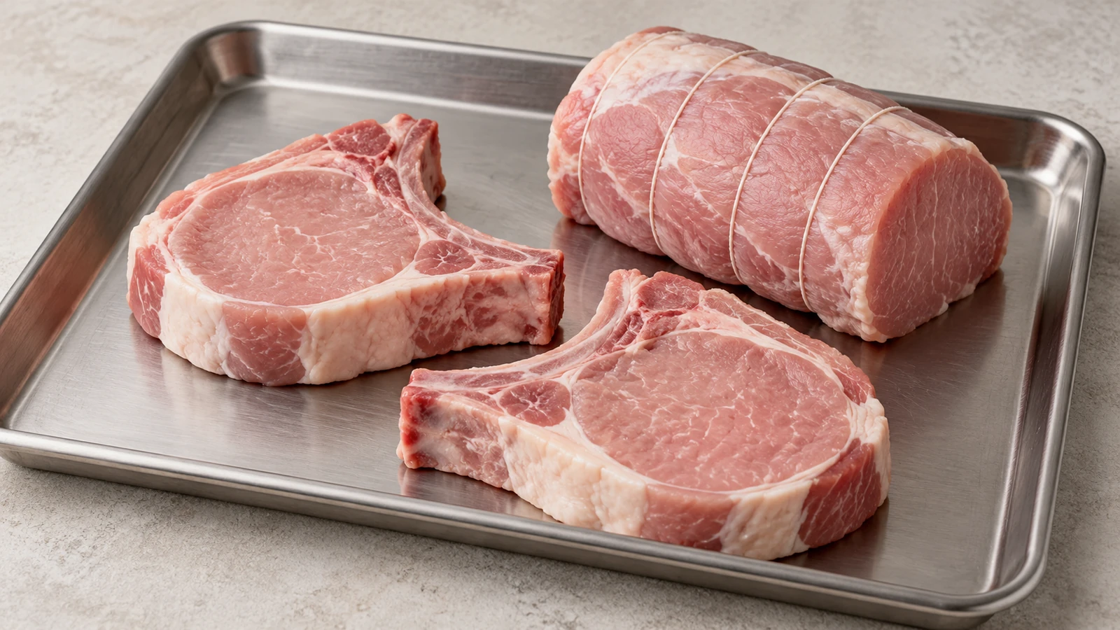 Two raw pork chops beside a tied boneless pork roast on a steel tray.