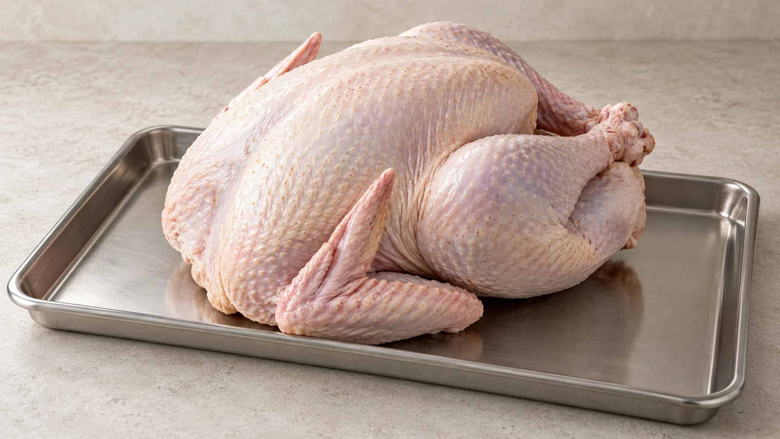 Raw whole turkey with pale skin on a rimmed stainless steel tray.