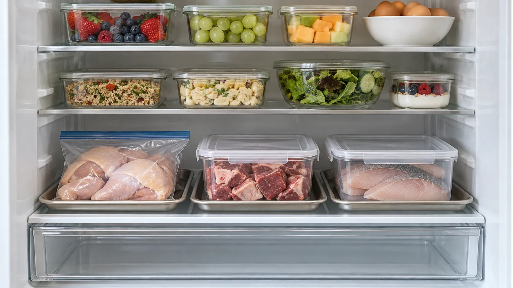 Raw poultry in a leak-catching tray on the lower shelf of a refrigerator