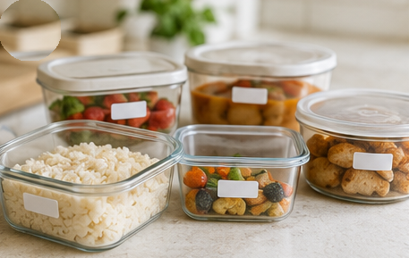 Leftovers portioned into clear containers and marked with date labels