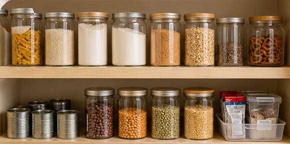 Organized pantry shelf with dry foods stored in labelled airtight containers